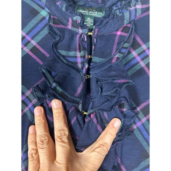 LRL Ralph Lauren Jeans Co Plaid Ruffle long sleeves cotton women’s Top Shirt 3X - Picture 4 of 11